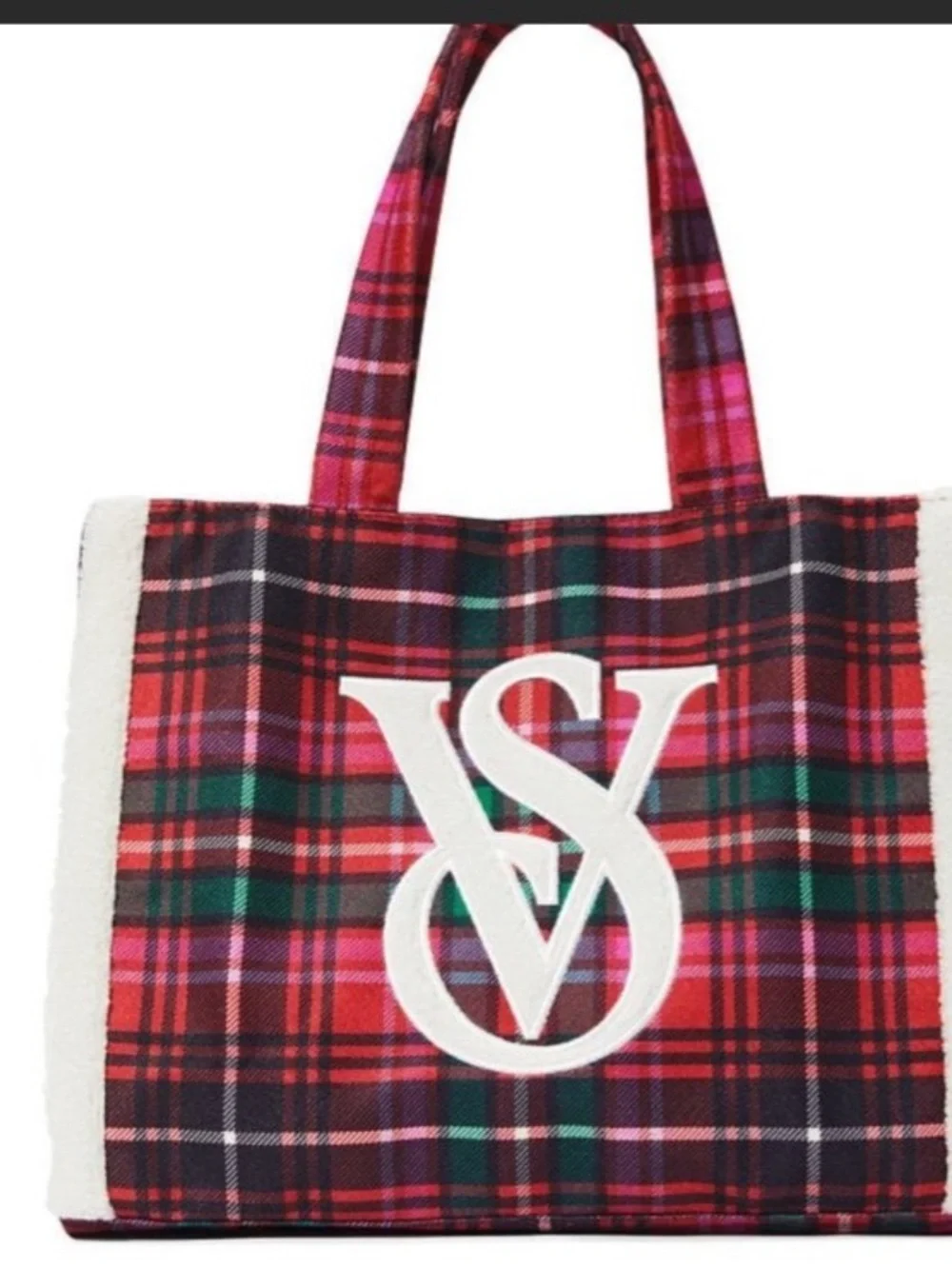 Victoria's Secret Red Multi Plaid Tote with White VS Logo